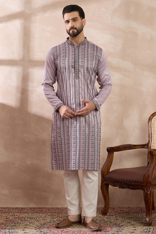 Lavender Silk Blend Embroidered Mandarin Collar Straight Kurta With Trouser MKSET2041