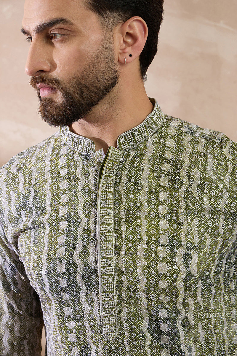 Green Silk Blend Printed Mandarin Collar Straight Kurta MKU1661