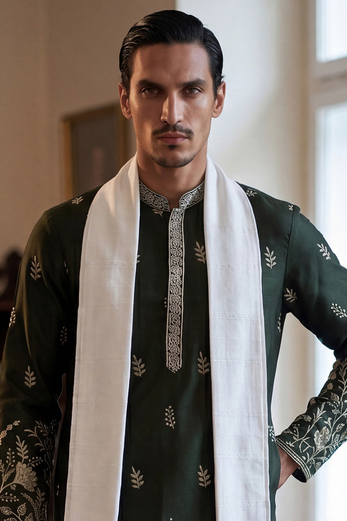 Olive Chanderi Silk Solid Embroidered Straight Kurta Trouser with Dupatta MKPD1319
