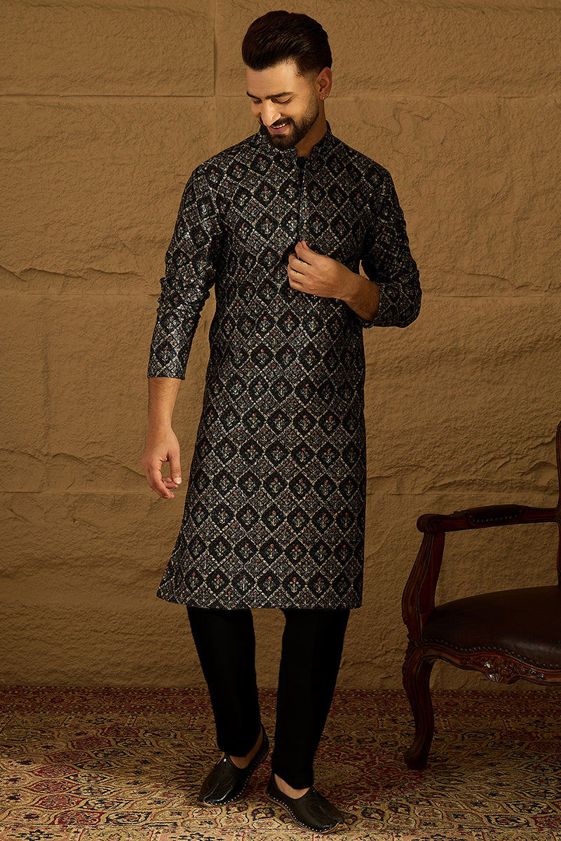 Black Viscose Rayon Geometric Printed Straight Kurta MKU1608