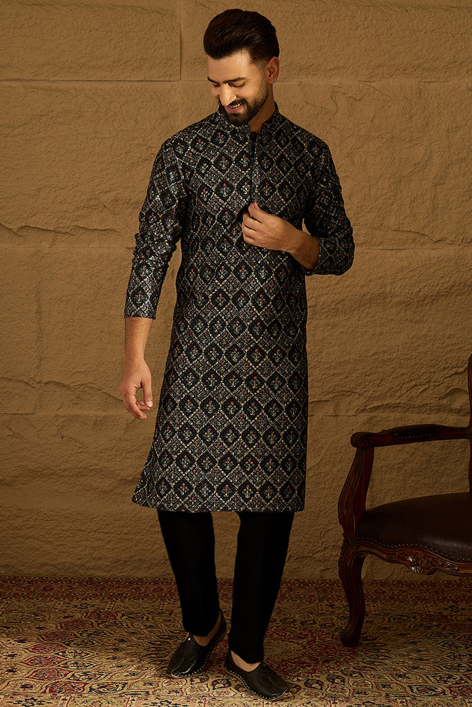 Black Viscose Rayon Geometric Printed Straight Kurta MKU1608