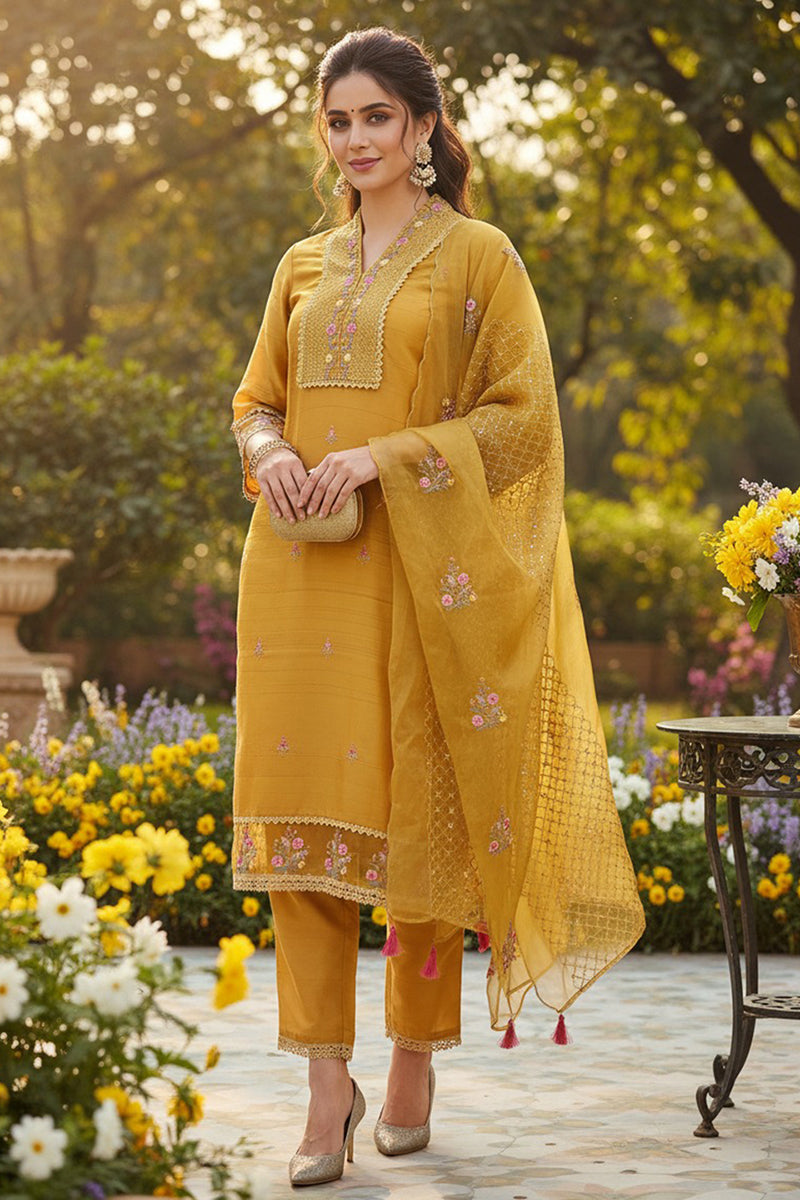 Mustard Yellow Silk Blend Floral Embroidered Straight Suit Set PKSKD2240