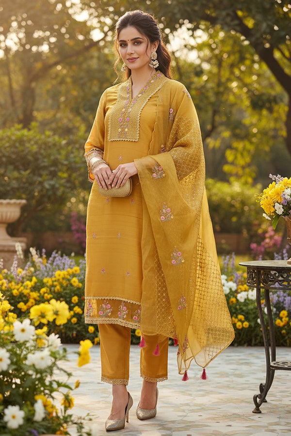 Mustard Yellow Silk Blend Floral Embroidered Straight Suit Set PKSKD2240