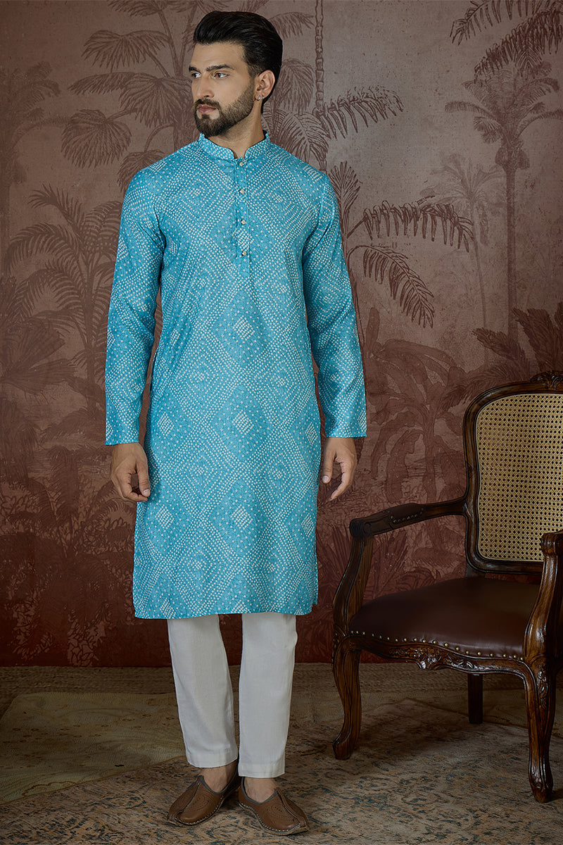 Blue Linen Bandhani Print Regular Kurta MKU2430
