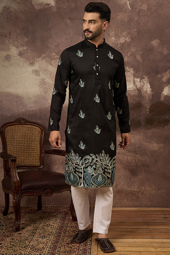 Black Silk Blend Solid Embroidered Straight Kurta with Trouser MKSET1348