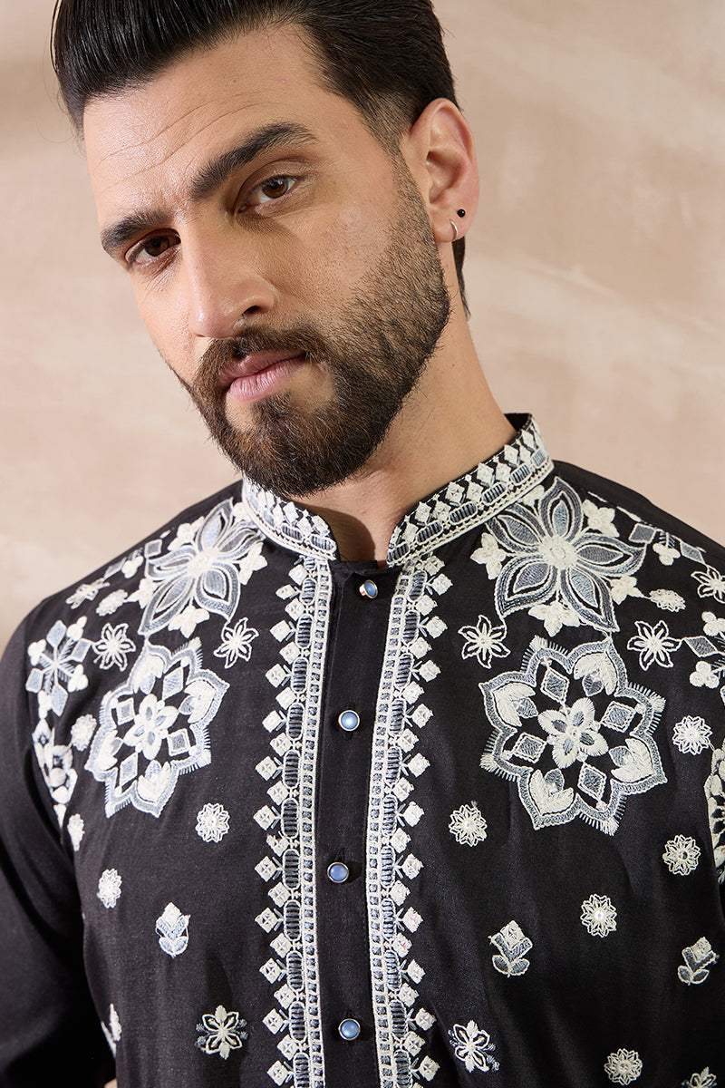 Black Silk Blend Embroidered Mandarin Collar Straight Kurta MKU1884