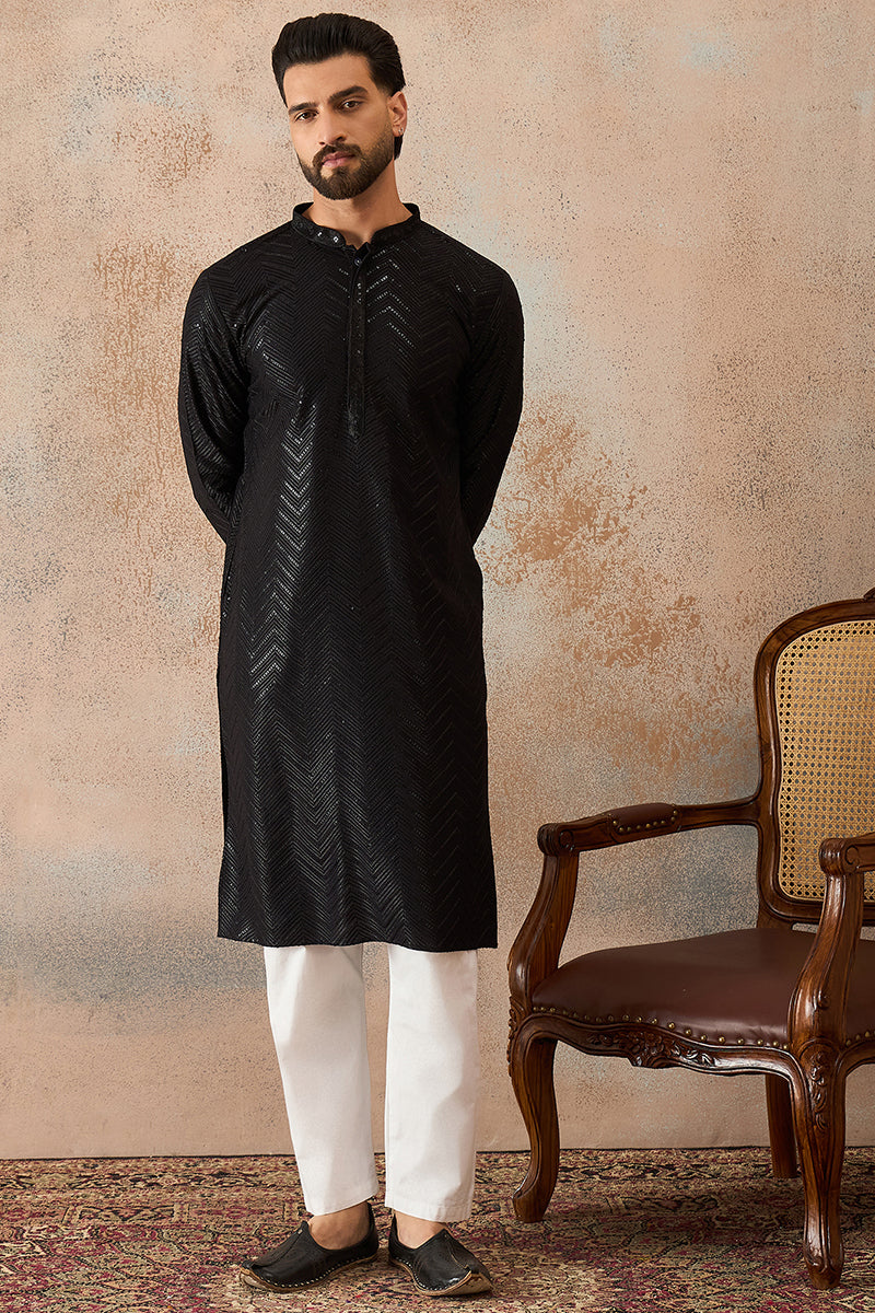 Black Rayon Embroidered Solid Straight Kurta With Trousers MKSET2190