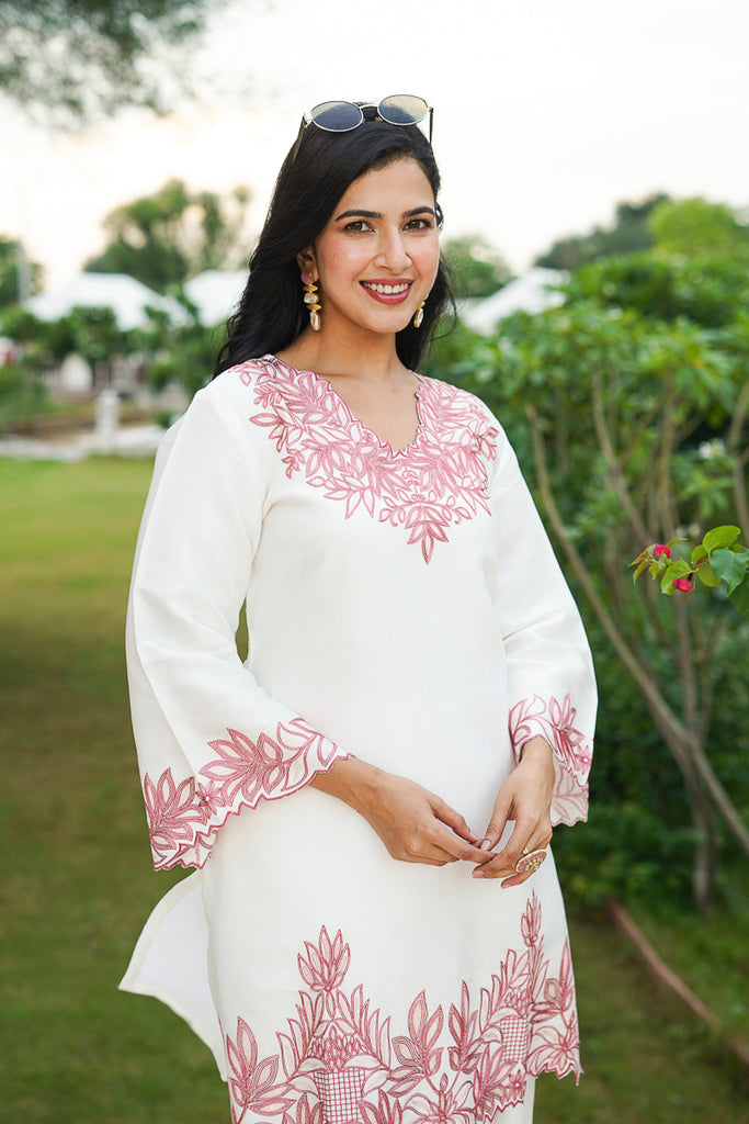 White Silk Blend Embroidered Straight Coord Sets HVCORD1135