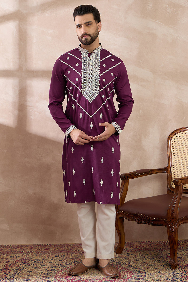 Purple Silk Blend Embroidered Mandarin Collar Straight Kurta With Trouser MKSET1789