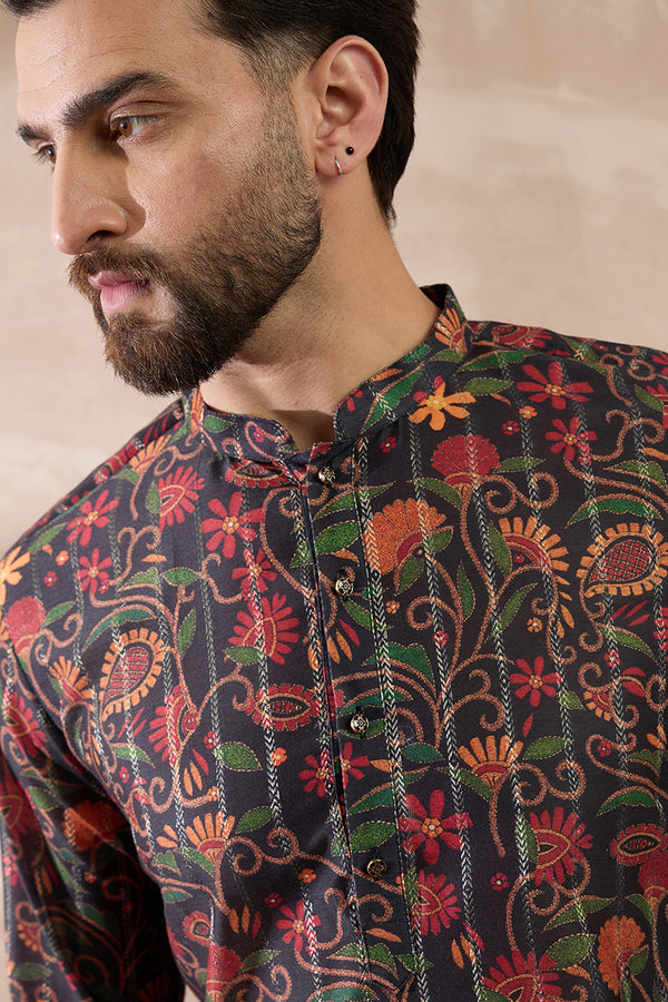 Black Silk Blend Embroidered Mandarin Collar Straight Kurta With Trouser MKSET2096