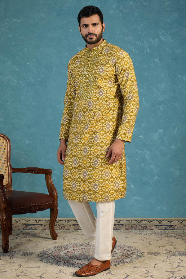 Green Silk Blend Ethnic Motifs Ikat Printed Kurta MKU1894
