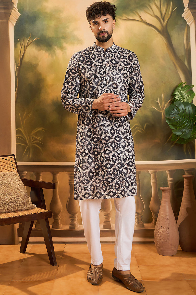 Blue Pure Cotton Batik Embroidered Straight Kurta with Trouser MKSET1460