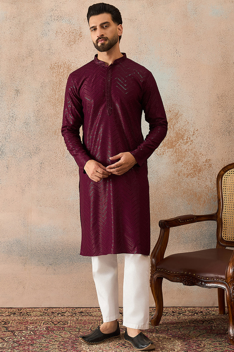 Purple Rayon Embroidered Solid Straight Kurta With Trousers MKSET2187