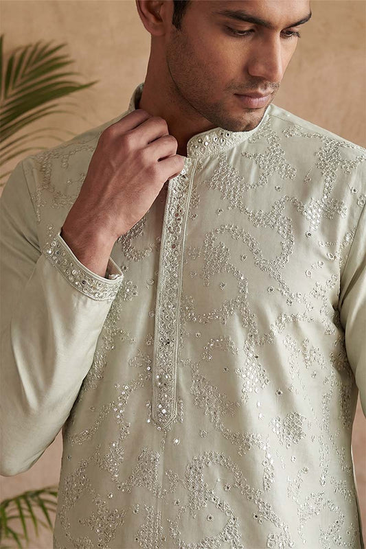 Silk Blend Green Solid Embroidered Calf Length Straight Kurta MKU2133