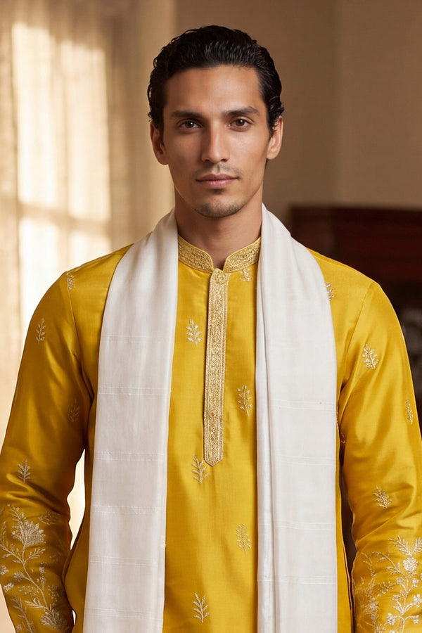 Yellow Chanderi Silk Solid Embroidered Straight Kurta with Dupatta MKUD1314