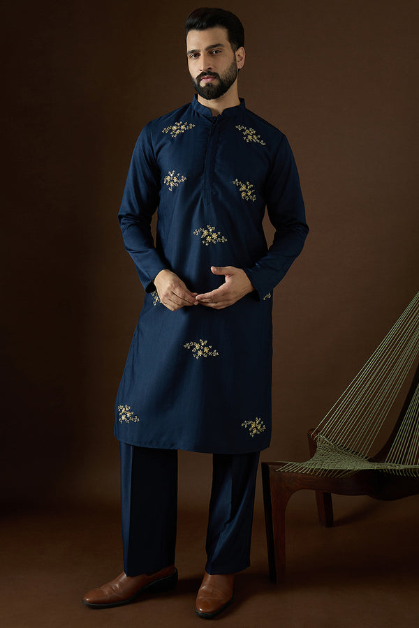 Blue Silk Blend Solid Dyed Kurta With Trouser MKSET2058