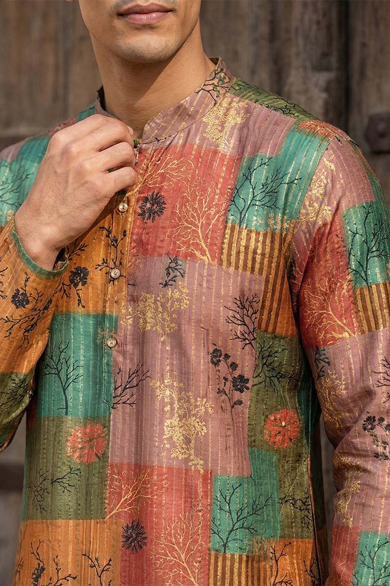 Multi Silk Blend Printed Straight Kurta With Trousers MKSET2077