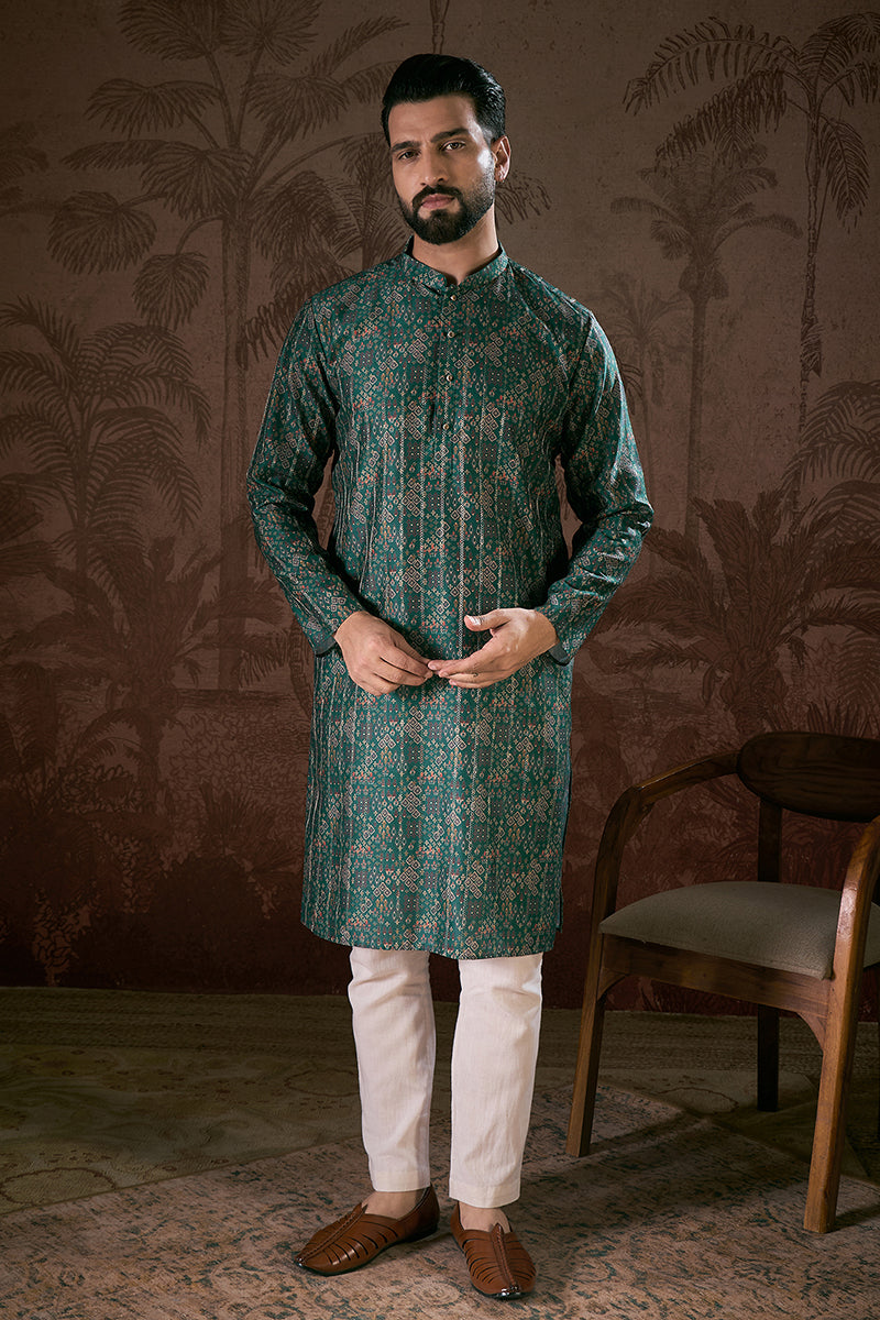 Sea Green Silk Blend Ethnic Motifs Printed Straight Kurta MKU1927