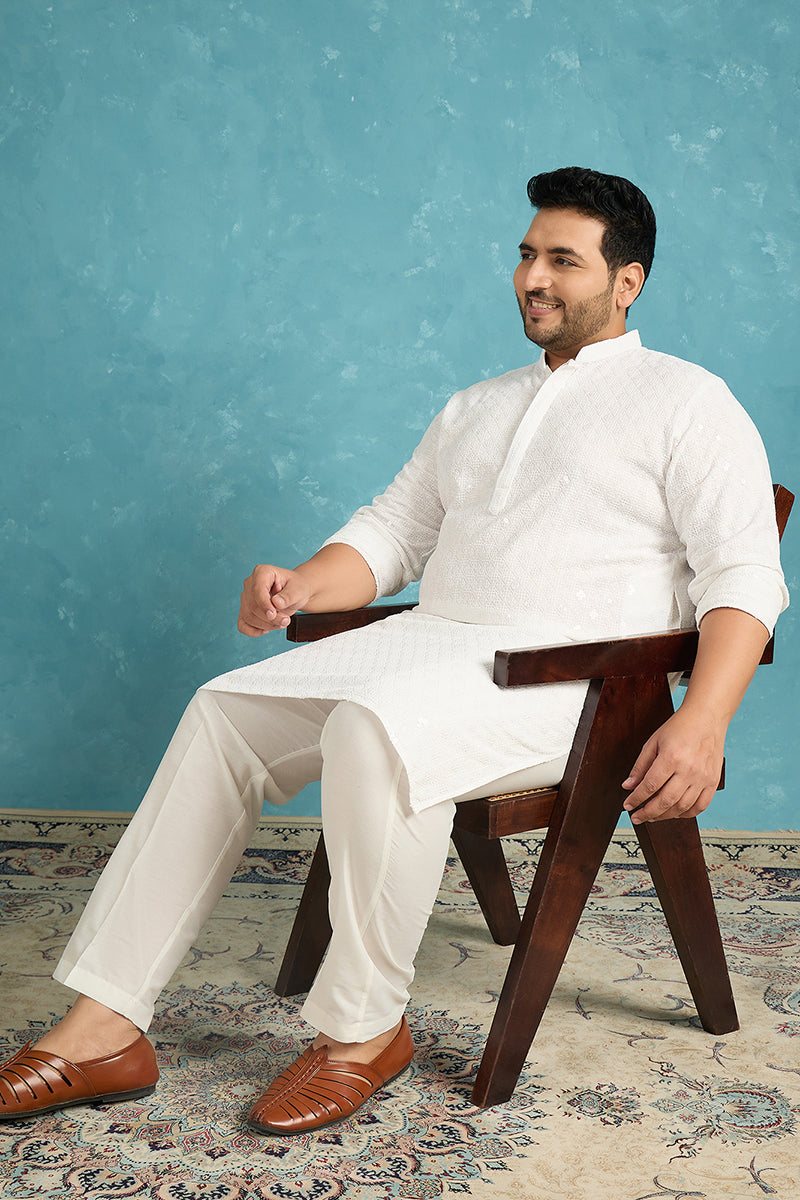 White Viscose Rayon Solid Chikankari Embroidered Kurta MKU1140