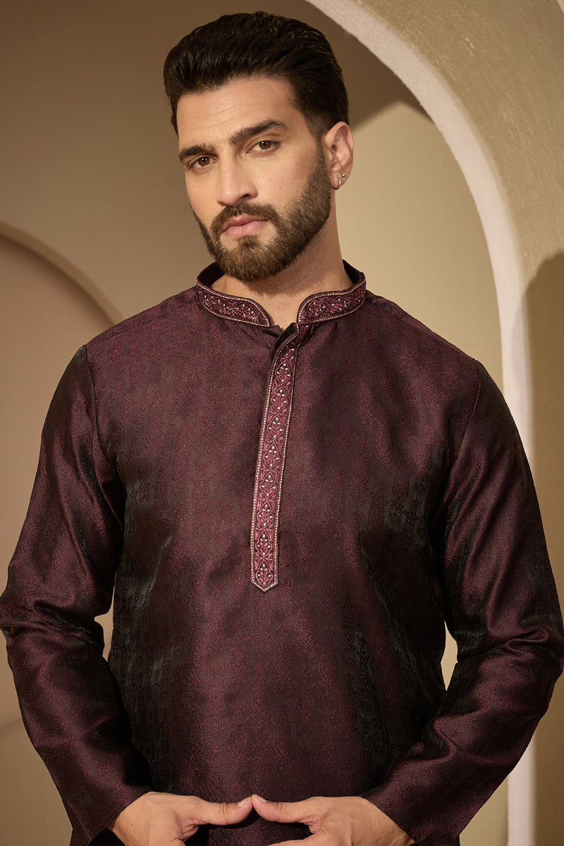 Purple Jacquard Solid Embroidered Mandarin Collar Kurta With Trouser MKSET2753