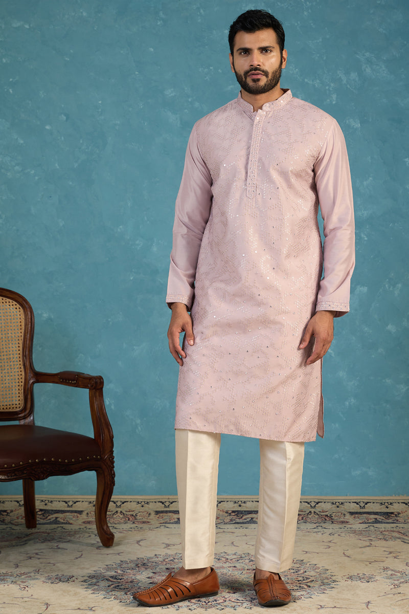 Lavender Silk Blend Embroidered Straight Kurta Sets MKSET2135