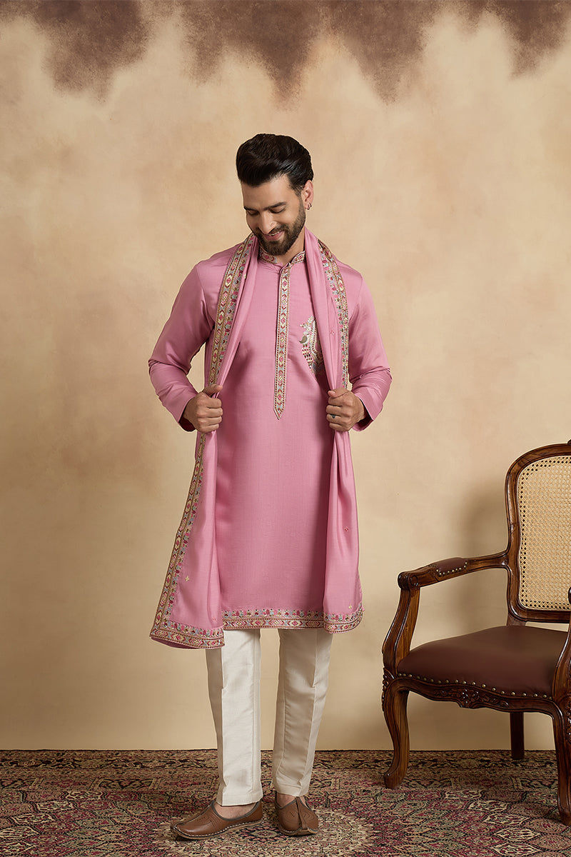 Pink Silk Blend Solid Embroidered Kurta With Dupatta MKUD1071