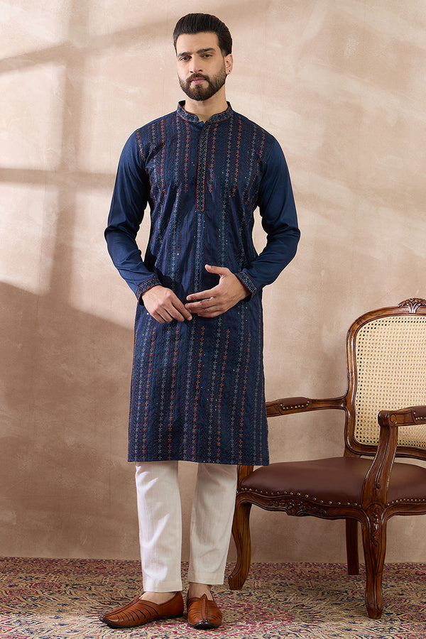 Navy Blue Silk Blend Embroidered Mandarin Collar Straight Kurta With Trouser MKSET2040