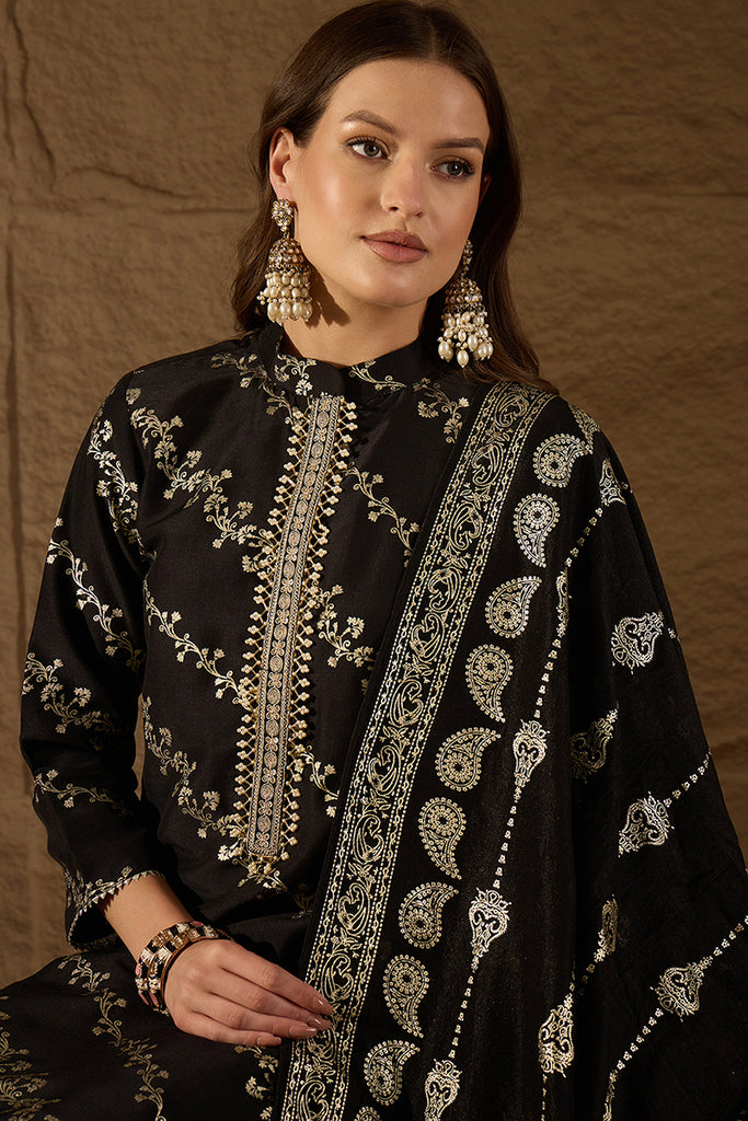 Black Silk Blend Ethnic Motifs Printed Straight Kurta Sets SKSKD3042