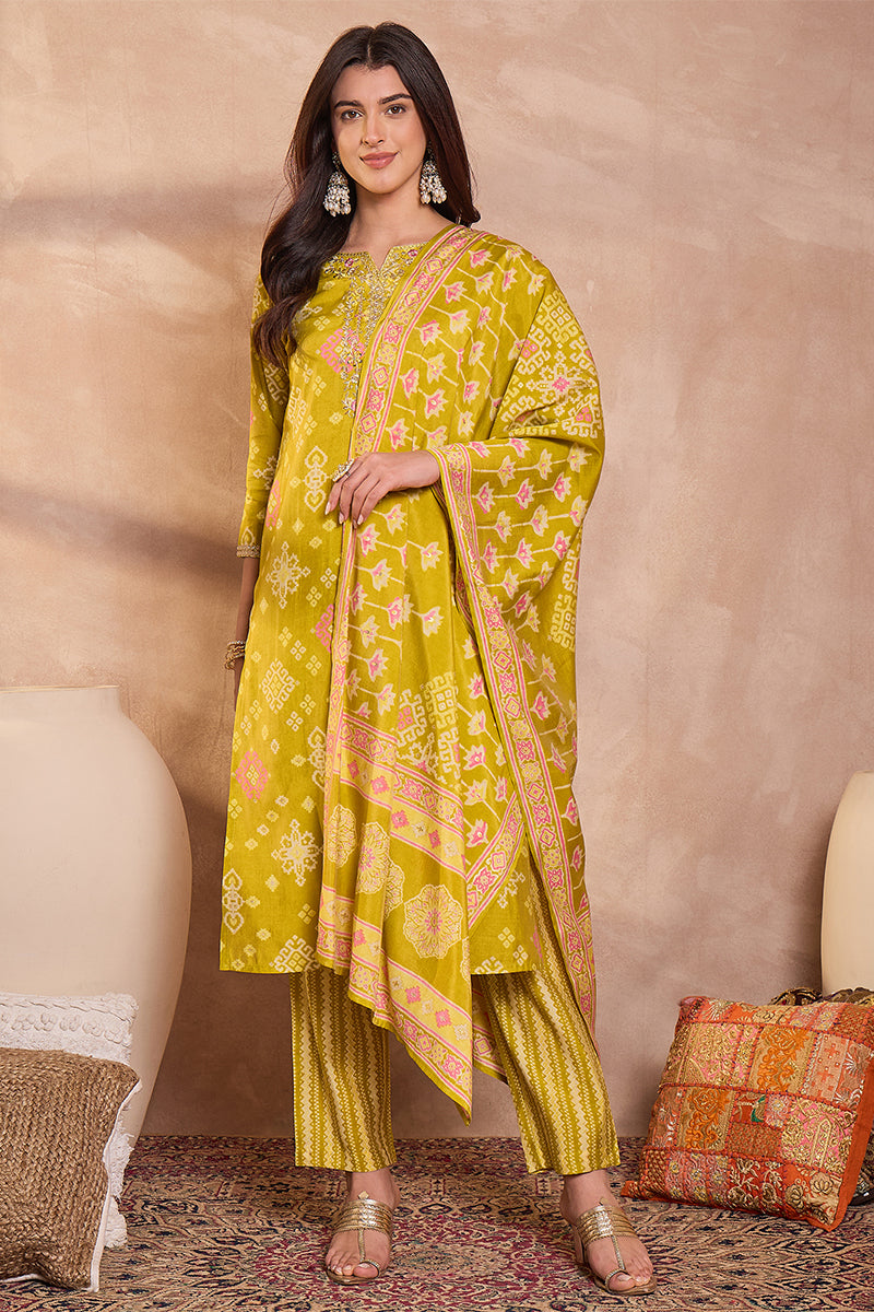 Silk Blend Ethnic Motifs Printed Yellow Kurta And Trousers With Dupatta PKSKD3232