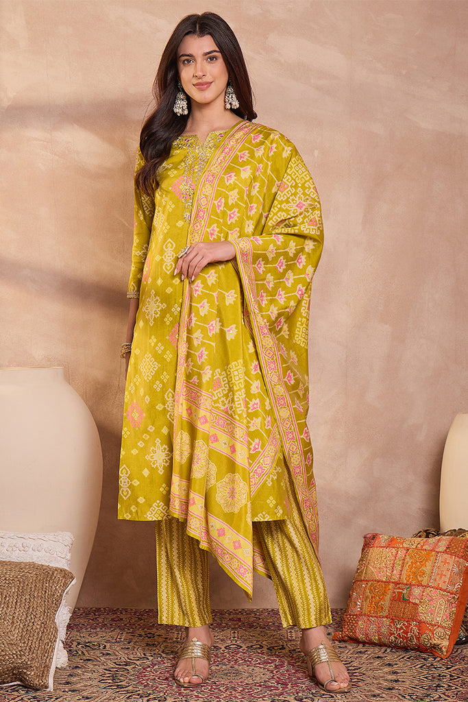 Silk Blend Ethnic Motifs Printed Yellow Kurta And Trousers With Dupatta PKSKD3232