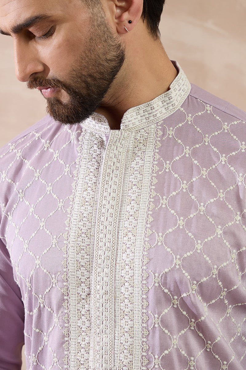 Lavender Silk Blend Embroidered Mandarin Collar Straight Kurta MKU1690
