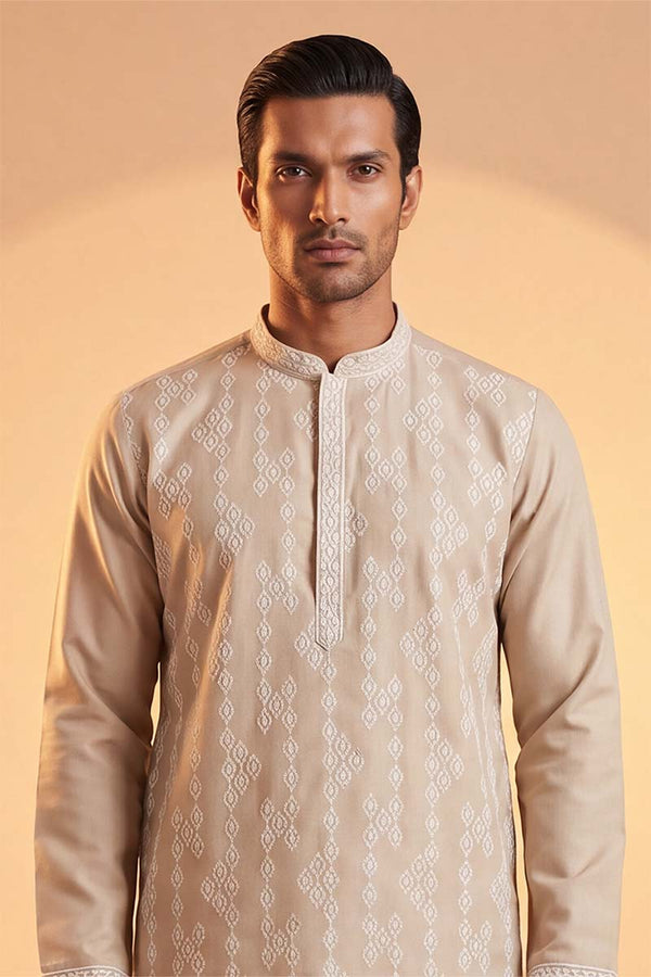 Beige Silk Blend Solid Embroidered Kurta With Trousers MKSET2089