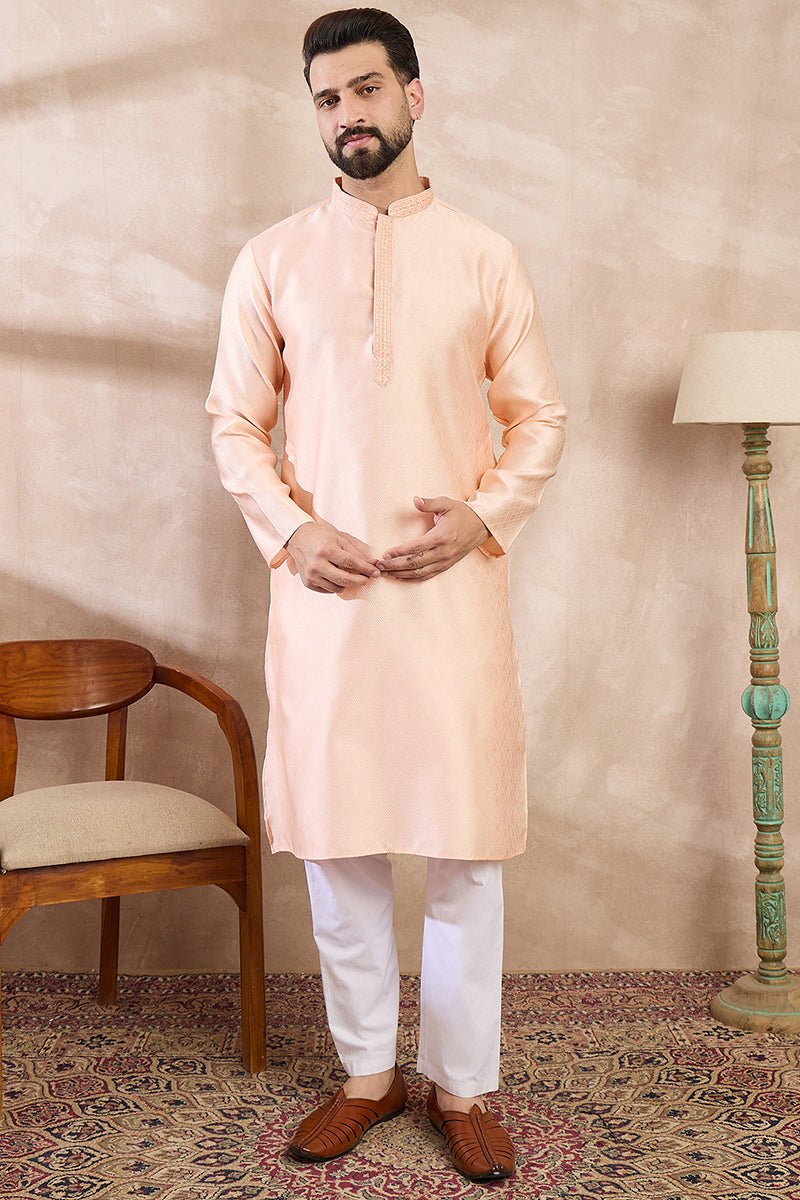 Peach Silk Blend Solid Embroidered Straight Kurta MKU1739
