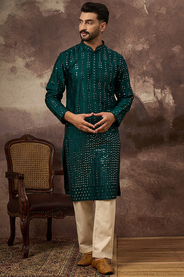 Teal Silk Blend Solid Embroidered Straight Kurta With Pant Set MKSET1357
