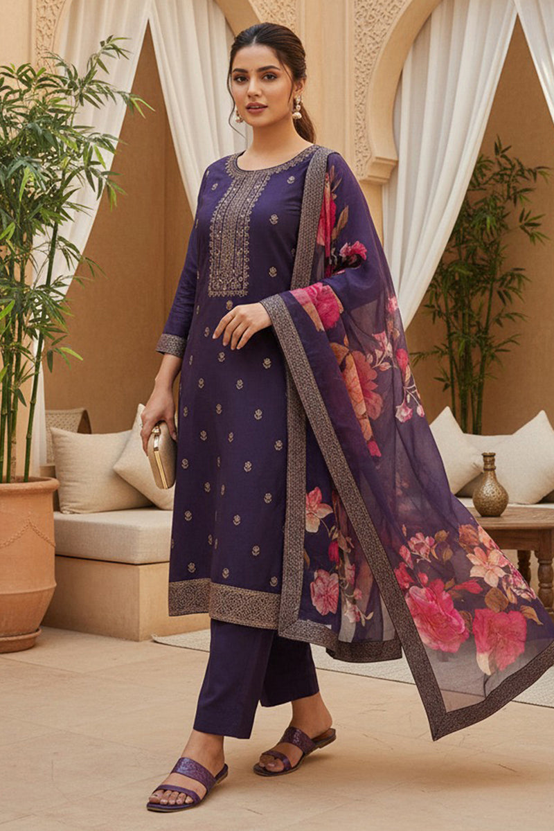Purple Silk Blend Ethnic Motifs Stoning Straight Kurta Trouser with Dupatta SKSKD3091