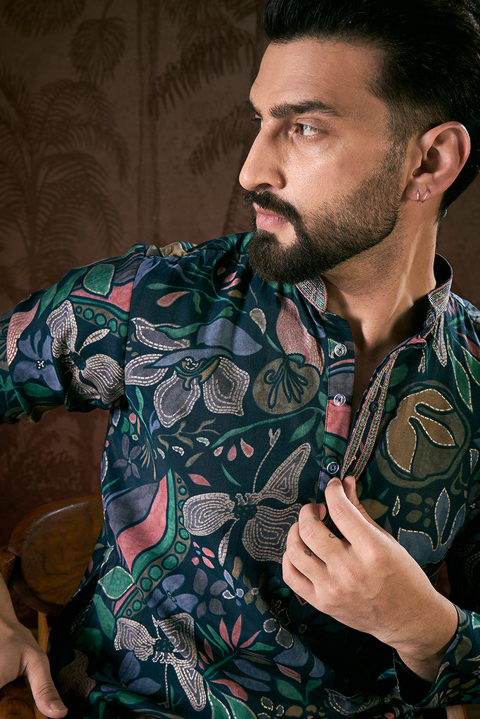 Blue Silk Blend Floral Printed Straight Kurta MKU1962