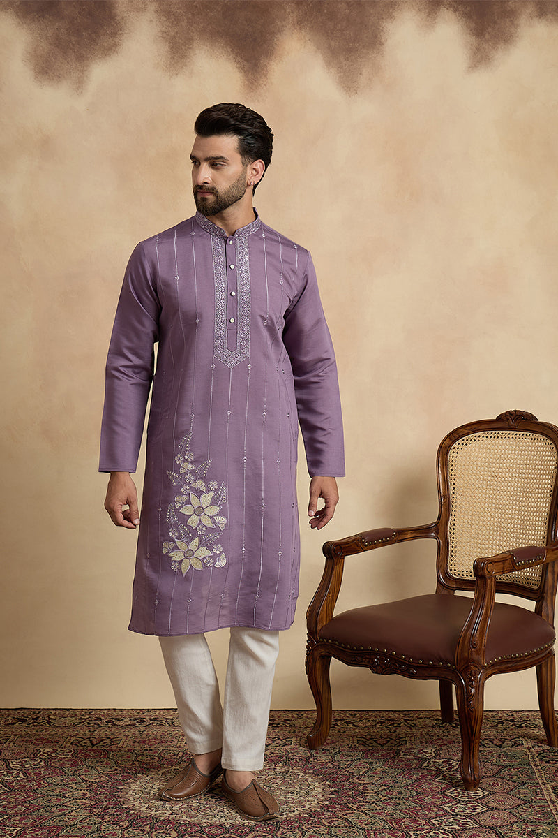 Lavender Silk Blend Solid Embroidered Kurta MKU2463