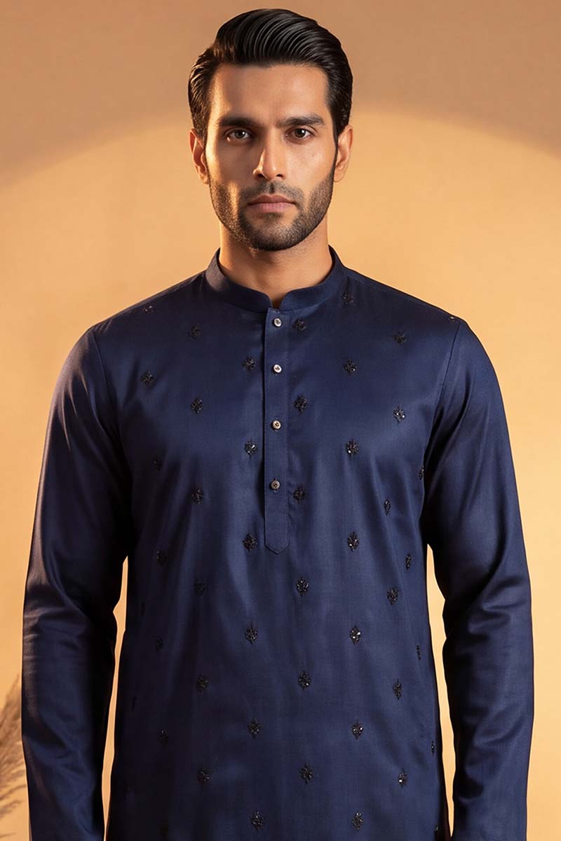Blue Silk Blend Solid Embroidered Kurta MKU2065