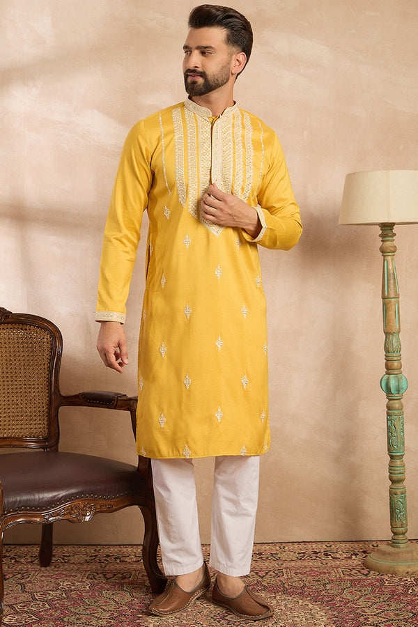 Yellow Silk Blend Geometric Embroidered Straight Kurta With Trouser MKSET1685