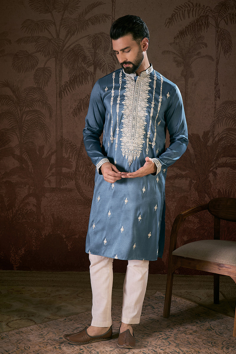 Blue Silk Blend Solid Embroidered Straight Kurta MKU1881