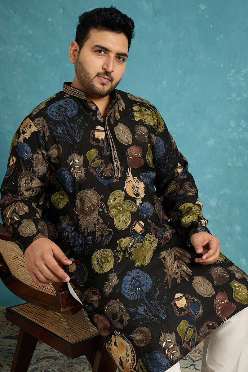 Black Silk Blend Abstract Printed Kurta MKU1960