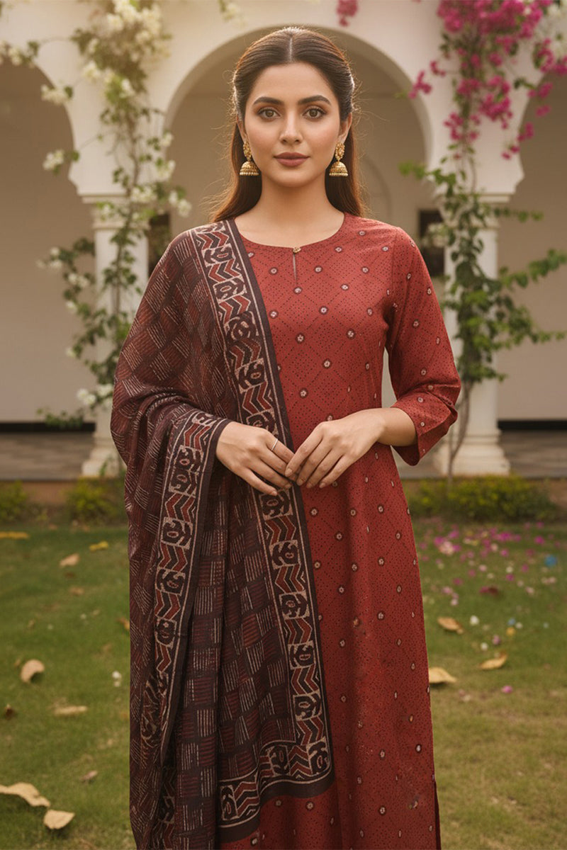 Red Cotton Blend Geometric Printed Straight Kurta Trousers With Dupatta VKSKD2414