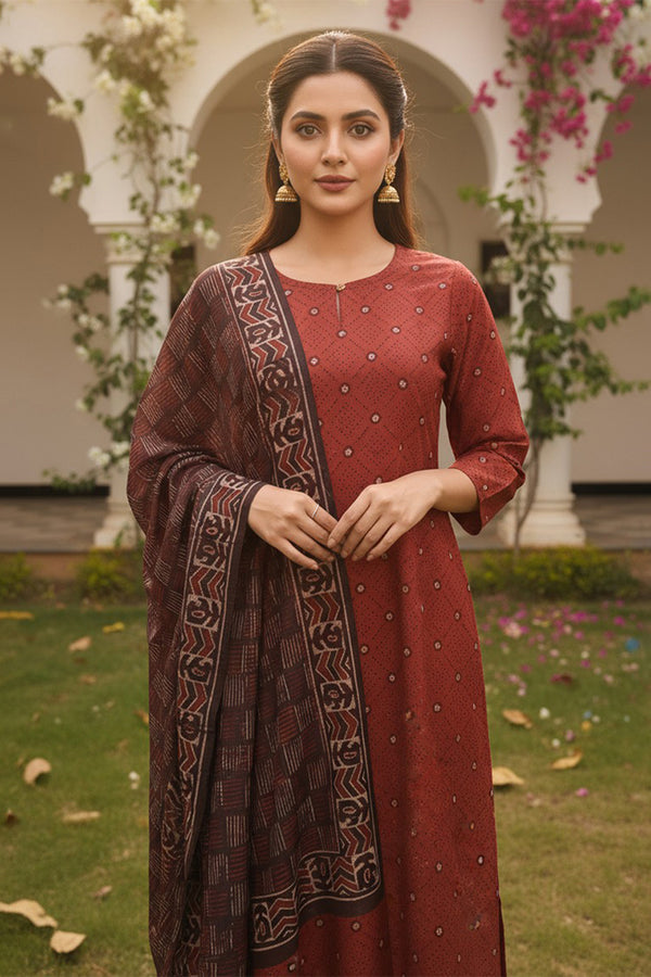 Red Cotton Blend Geometric Printed Straight Kurta Trousers With Dupatta VKSKD2414