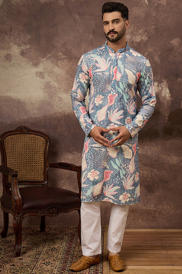 Blue Viscose Rayon Floral Embroidered Straight Kurta with Trouser MKSET1429