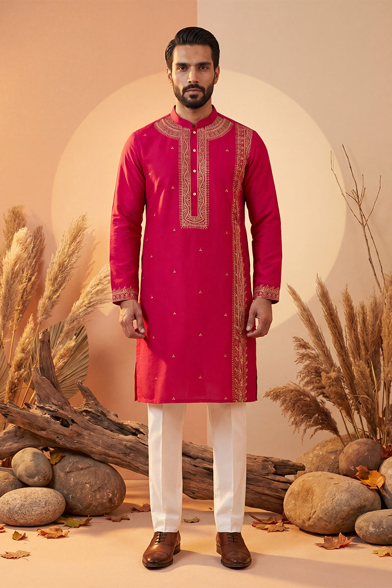 Pink Silk Blend Solid Emboidered Straight Kurta With Trouser MKSET2315
