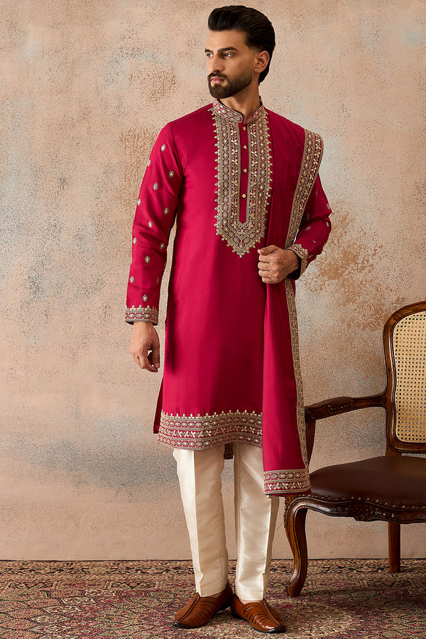 Pink Silk Blend Solid Embroidered Kurta With Dupatta MKUD1030