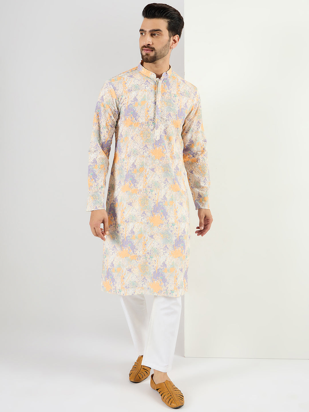 Ethnic Bay Men Off White Viscose Rayon Abstract Embroidered Chikankari Straight Kurta MKU1063