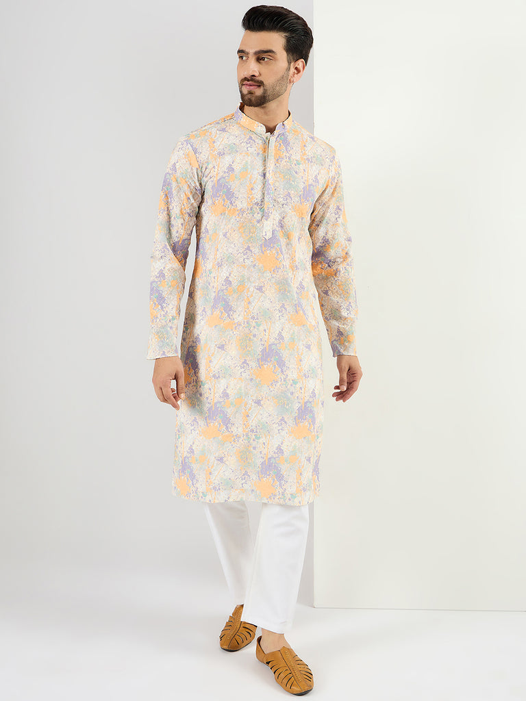 Ethnic Bay Men Off White Viscose Rayon Abstract Embroidered Chikankari Straight Kurta MKU1063