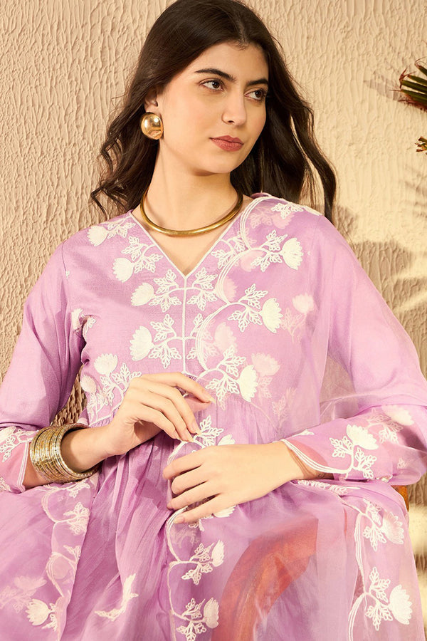 Lavender Silk Blend Embroidered Kurta Trouser With Dupatta HOPPKSKD2594
