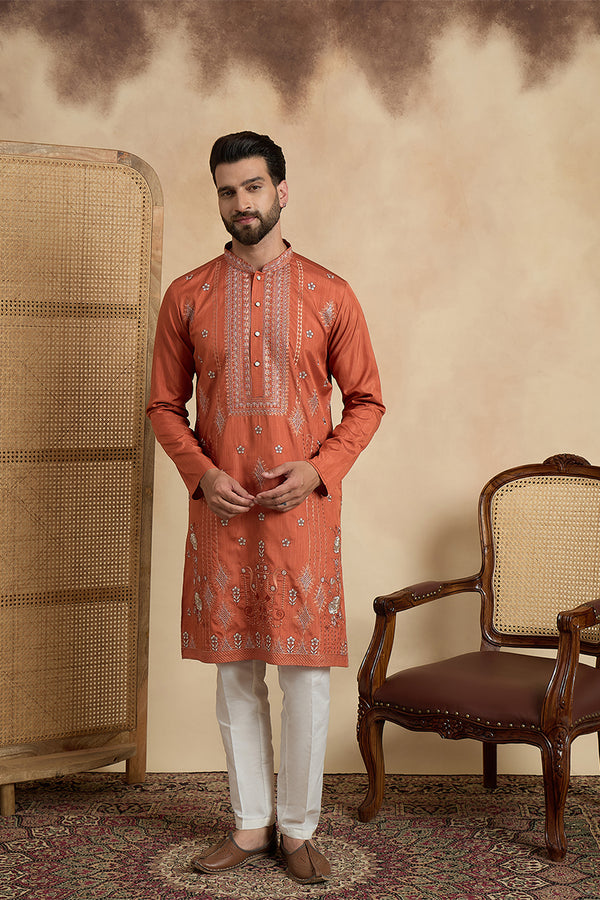 Orange Silk Blend Solid Embroidered Straight Kurta MKU2524